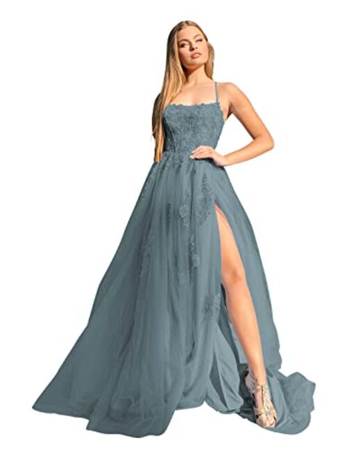 Clothfun Elegant Lace Appliques Prom Dress with Slit Long Spaghetti Straps Tulle Formal Ball Gowns Cf046