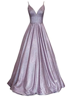 SHINDRESS Women Long Prom Dresses V Neck Sleeveless Glitter Formal Evening Party Gown with Pockets SP081