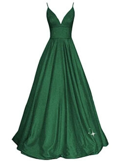 SHINDRESS Women Long Prom Dresses V Neck Sleeveless Glitter Formal Evening Party Gown with Pockets SP081