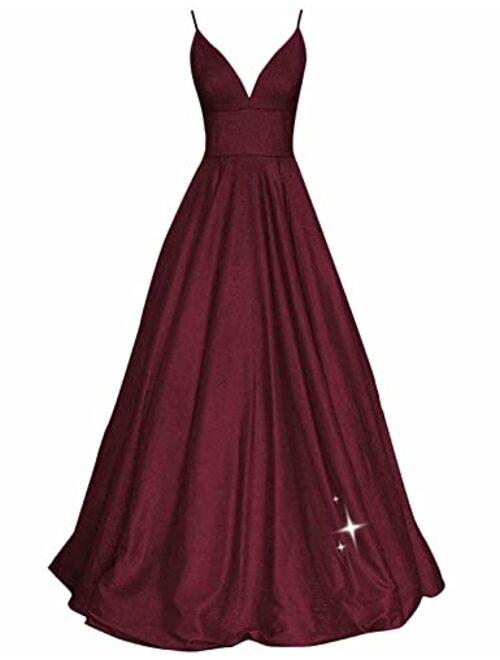 SHINDRESS Women Long Prom Dresses V Neck Sleeveless Glitter Formal Evening Party Gown with Pockets SP081