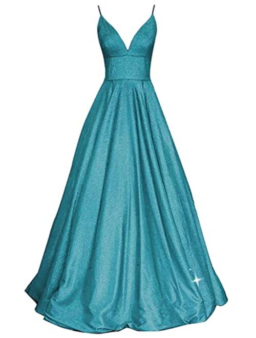 SHINDRESS Women Long Prom Dresses V Neck Sleeveless Glitter Formal Evening Party Gown with Pockets SP081