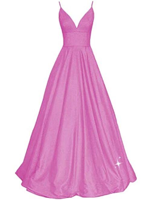 SHINDRESS Women Long Prom Dresses V Neck Sleeveless Glitter Formal Evening Party Gown with Pockets SP081