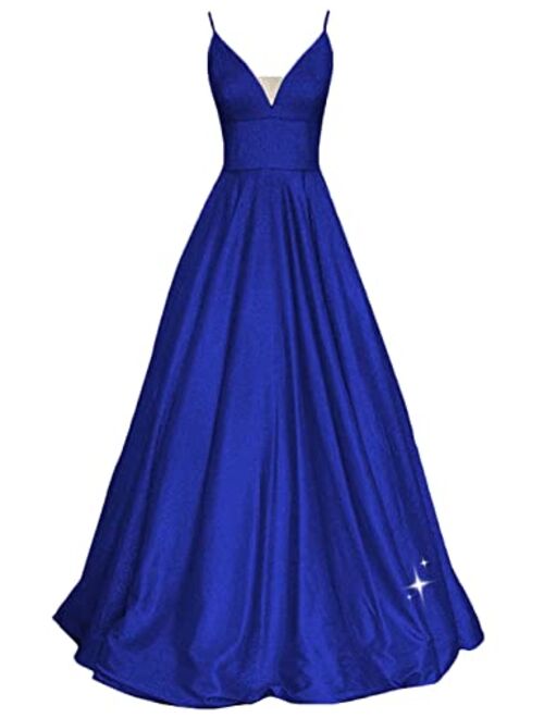 SHINDRESS Women Long Prom Dresses V Neck Sleeveless Glitter Formal Evening Party Gown with Pockets SP081