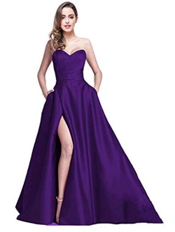 Ri Yun Women's Prom Dress Long High Slit A-Line Evening Ball Gowns With Pockets