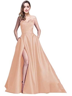 Ri Yun Women's Prom Dress Long High Slit A-Line Evening Ball Gowns With Pockets