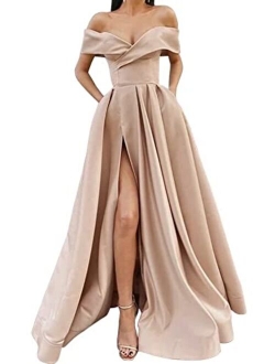 SoDigne Women Long Slit Prom Dresses Off The Shoulder Satin with Pockets V Neck A-Line Formal Evening Party Gown