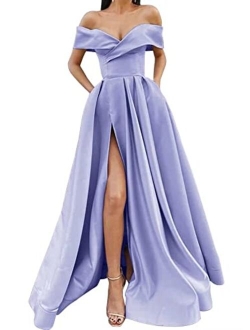 SoDigne Women Long Slit Prom Dresses Off The Shoulder Satin with Pockets V Neck A-Line Formal Evening Party Gown