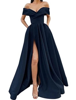 SoDigne Women Long Slit Prom Dresses Off The Shoulder Satin with Pockets V Neck A-Line Formal Evening Party Gown