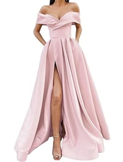 SoDigne Women Long Slit Prom Dresses Off The Shoulder Satin with Pockets V Neck A-Line Formal Evening Party Gown