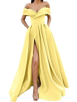 SoDigne Women Long Slit Prom Dresses Off The Shoulder Satin with Pockets V Neck A-Line Formal Evening Party Gown