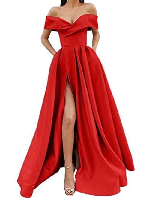 SoDigne Women Long Slit Prom Dresses Off The Shoulder Satin with Pockets V Neck A-Line Formal Evening Party Gown