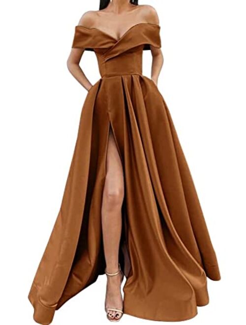 SoDigne Women Long Slit Prom Dresses Off The Shoulder Satin with Pockets V Neck A-Line Formal Evening Party Gown