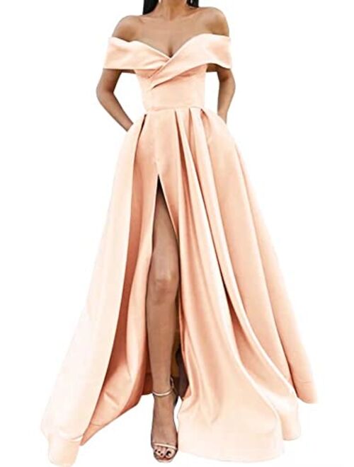 SoDigne Women Long Slit Prom Dresses Off The Shoulder Satin with Pockets V Neck A-Line Formal Evening Party Gown