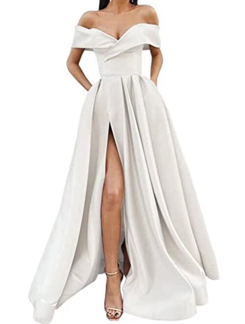 SoDigne Women Long Slit Prom Dresses Off The Shoulder Satin with Pockets V Neck A-Line Formal Evening Party Gown