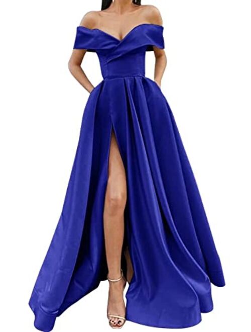 SoDigne Women Long Slit Prom Dresses Off The Shoulder Satin with Pockets V Neck A-Line Formal Evening Party Gown