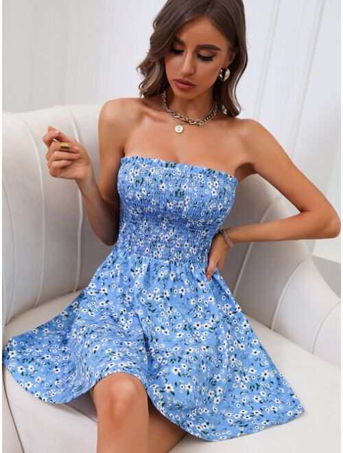 Shein Ditsy Floral Shirred Frilled Backless Tube Dress