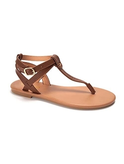 Thong Flat Sandals, Casual T Strap Dress Sandals, Adjustable Ankle Buckle Dress Thong Sandals with Strappy for Women Summer Wedding