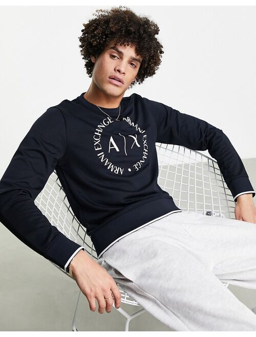 Armani Exchange circle logo crew neck sweat in navy