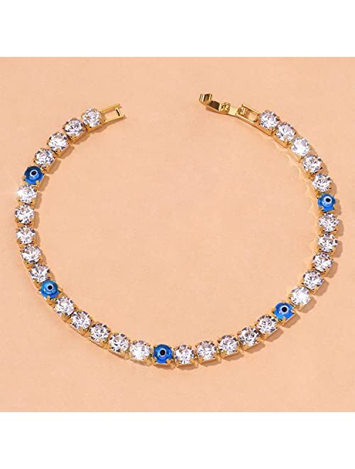 Otxas Evil Eye Anklet Bracelets for Women Bling Rhinestones Tennis Anklet 5A Cubic Zirconia Silver Anklet Dainty Beach Jewelry