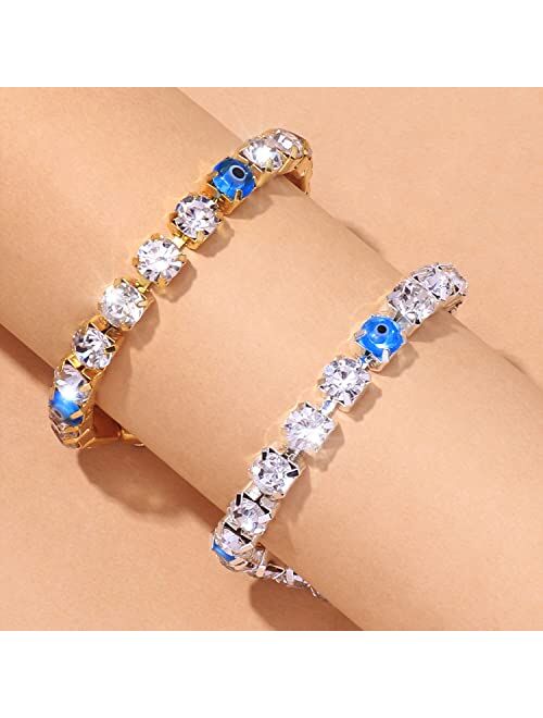 Otxas Evil Eye Anklet Bracelets for Women Bling Rhinestones Tennis Anklet 5A Cubic Zirconia Silver Anklet Dainty Beach Jewelry