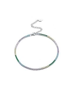 ZJYUUJE Anklet 925 Sterling Silver Tennis Anklet Rainbow Colors Full Paved Anklet for Girls Woman Ankle Chain (Color : Clear Zircon)