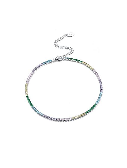 ZJYUUJE Anklet 925 Sterling Silver Tennis Anklet Rainbow Colors Full Paved Anklet for Girls Woman Ankle Chain (Color : Clear Zircon)