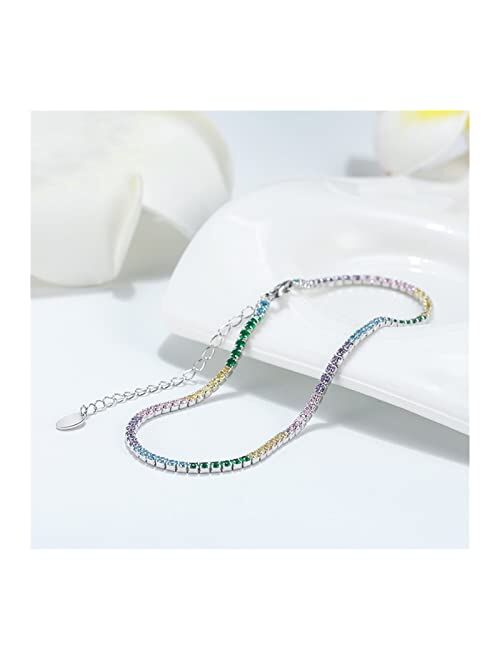 ZJYUUJE Anklet 925 Sterling Silver Tennis Anklet Rainbow Colors Full Paved Anklet for Girls Woman Ankle Chain (Color : Clear Zircon)