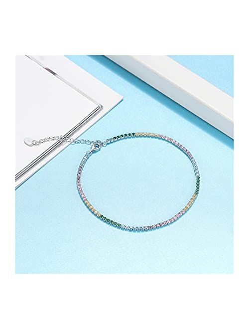 ZJYUUJE Anklet 925 Sterling Silver Tennis Anklet Rainbow Colors Full Paved Anklet for Girls Woman Ankle Chain (Color : Clear Zircon)