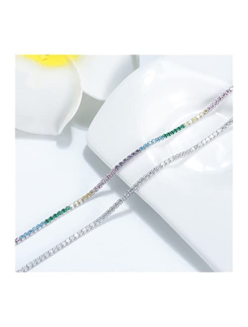 ZJYUUJE Anklet 925 Sterling Silver Tennis Anklet Rainbow Colors Full Paved Anklet for Girls Woman Ankle Chain (Color : Clear Zircon)