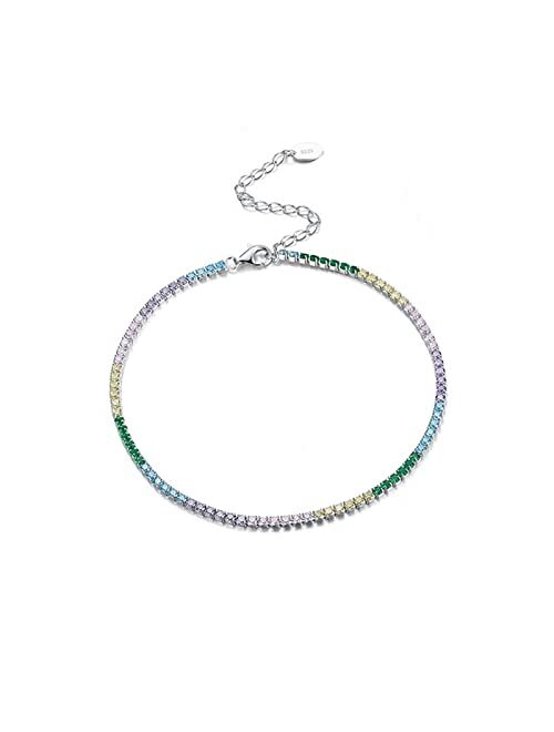 ZJYUUJE Anklet 925 Sterling Silver Tennis Anklet Rainbow Colors Full Paved Anklet for Girls Woman Ankle Chain (Color : Clear Zircon)