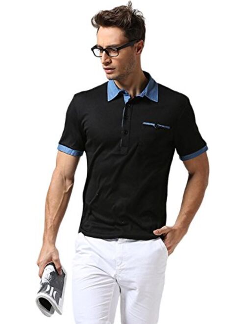 Sportides Mens Slim Fit Casual Denim Stitching Pocket Polo Shirt Short Sleeve T-Shirt Tops JZA008