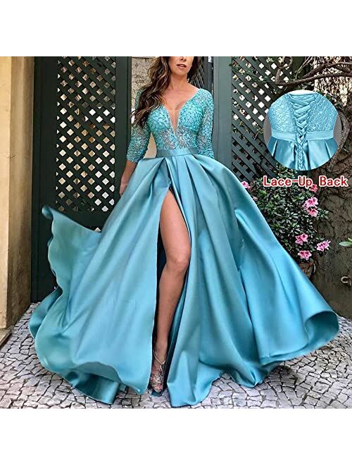 Chicbridal Deep V-Neck Prom Dresses Satin 3/4 Sleeves Evening Party Gowns with Pockets for Women