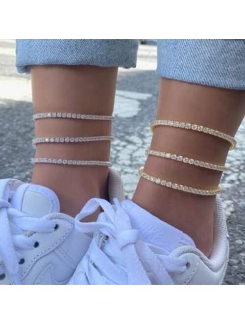 CALOZITO 3MM Hip Hop White pink cz tennis chain anklet anklet for women fashion summer beach jewelry (gold 21with5cm)