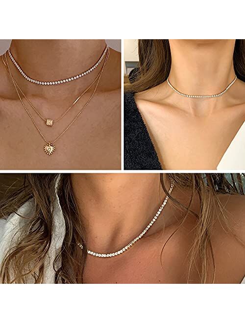 Woworama Tennis Necklace for Women Cubic Zirconia Necklace Gold White 2mm Thin Diamond Dainty Necklace for Women