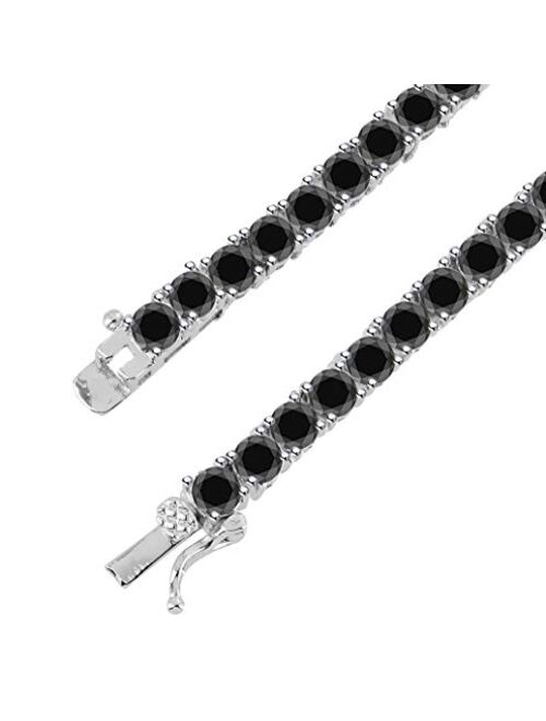 Gold & Diamonds Jewellery Tennis Link Chain 4mm Necklace Round Cut Black Diamond 14k White Gold Over .925 Sterling Silver One Row 16"-24" Hip Hop Chain