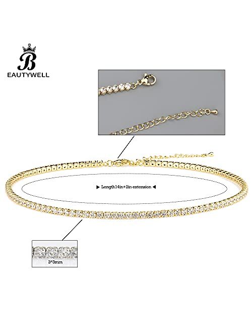 Beautywell Tennis Necklace | Sparkle Rhinestone Choker Necklace | 18K Gold/Silver Plated | Dainty Cubic Zirconia Necklace | Bridal Wedding Jewelry for Women, 3.0mm/4.0mm 