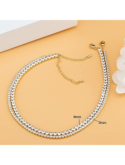 Beautywell Tennis Necklace | Sparkle Rhinestone Choker Necklace | 18K Gold/Silver Plated | Dainty Cubic Zirconia Necklace | Bridal Wedding Jewelry for Women, 3.0mm/4.0mm 