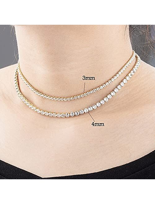 Beautywell Tennis Necklace | Sparkle Rhinestone Choker Necklace | 18K Gold/Silver Plated | Dainty Cubic Zirconia Necklace | Bridal Wedding Jewelry for Women, 3.0mm/4.0mm 