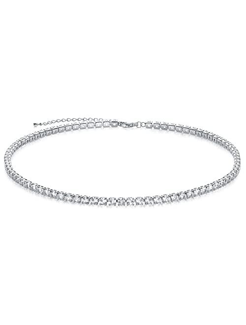 Beautywell Tennis Necklace | Sparkle Rhinestone Choker Necklace | 18K Gold/Silver Plated | Dainty Cubic Zirconia Necklace | Bridal Wedding Jewelry for Women, 3.0mm/4.0mm 