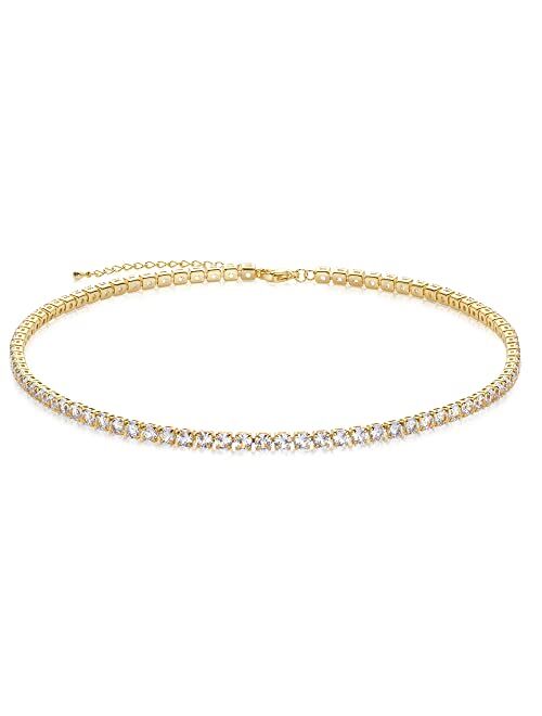 Beautywell Tennis Necklace | Sparkle Rhinestone Choker Necklace | 18K Gold/Silver Plated | Dainty Cubic Zirconia Necklace | Bridal Wedding Jewelry for Women, 3.0mm/4.0mm 