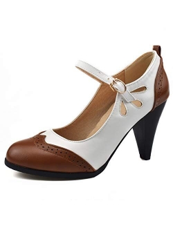 Mekereke Womens Brown Retro Mary Jane Oxford High Heels Pumps Shoes for Women Teardrop Cutout Round Toe Pierced Strappy Oxfords Mary Janes High-Heel Pump Shoe