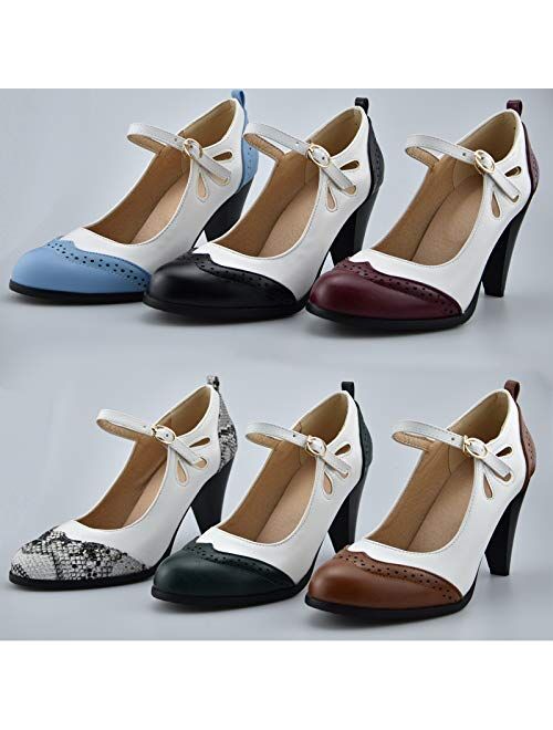 Mekereke Womens Brown Retro Mary Jane Oxford High Heels Pumps Shoes for Women Teardrop Cutout Round Toe Pierced Strappy Oxfords Mary Janes High-Heel Pump Shoe