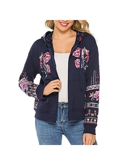 Ak Women's Full Zip Long Sleeve Embroidered Sweatshirt Floral Boho Embroidered Mexican Hoodie Fall Winter Coat Tops Jackets