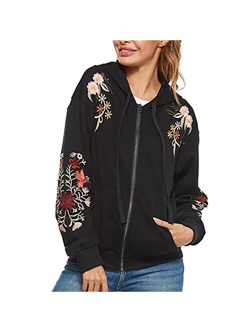 Ak Women's Full Zip Long Sleeve Embroidered Sweatshirt Floral Boho Embroidered Mexican Hoodie Fall Winter Coat Tops Jackets