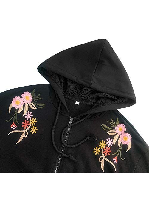 Ak Women's Full Zip Long Sleeve Embroidered Sweatshirt Floral Boho Embroidered Mexican Hoodie Fall Winter Coat Tops Jackets