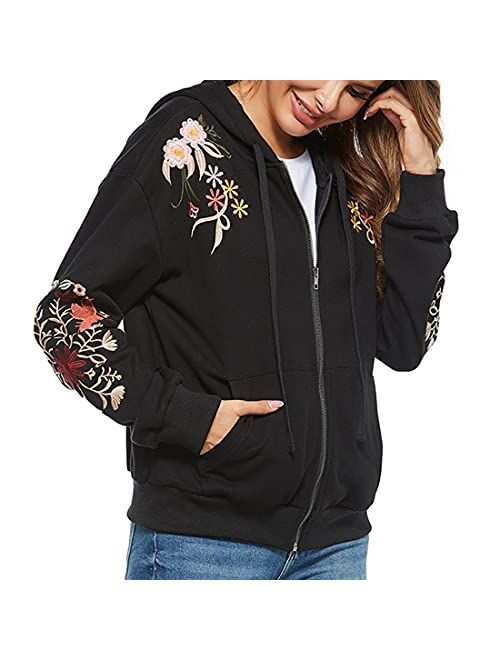 Ak Women's Full Zip Long Sleeve Embroidered Sweatshirt Floral Boho Embroidered Mexican Hoodie Fall Winter Coat Tops Jackets