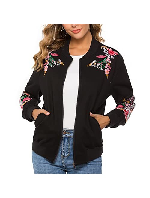 Ak Women's Full Zip Long Sleeve Embroidered Sweatshirt Floral Boho Embroidered Mexican Hoodie Fall Winter Coat Tops Jackets