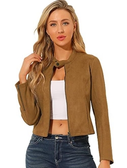 Women's Faux Suede Jacket Stand Collar Zip Up Long Sleeve Motorcycle Biker Coat