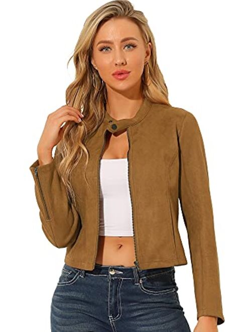 Allegra K Women's Faux Suede Jacket Stand Collar Zip Up Long Sleeve Motorcycle Biker Coat