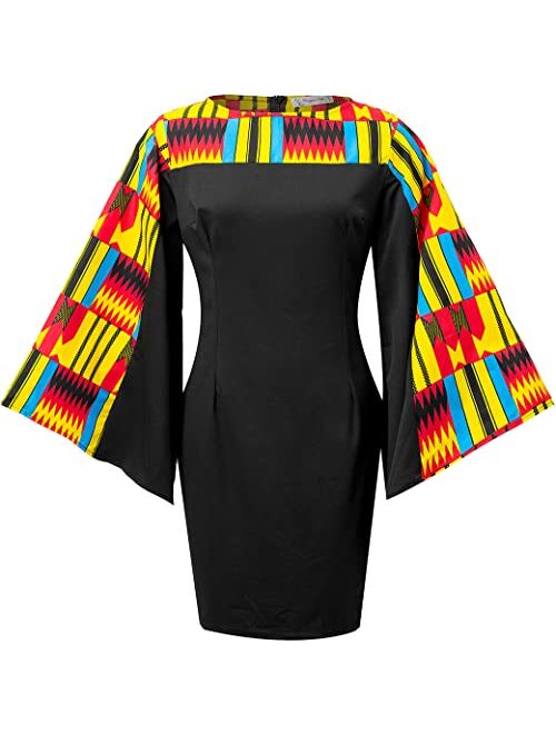 HongyuAmy Women's African Floral Print Dresses Bell Sleeve Ankara Dashiki Midi Party Dress